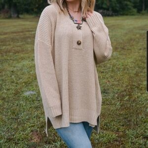 white birch Cream Button-Front V-Neck Knit Sweater